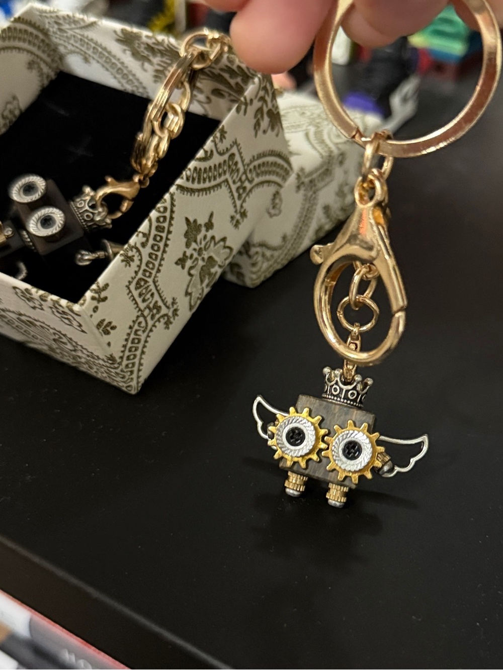 Gold Tone Keychain Charm with Crown and Wing Accent - handcrafted original - Picture 2 of 5